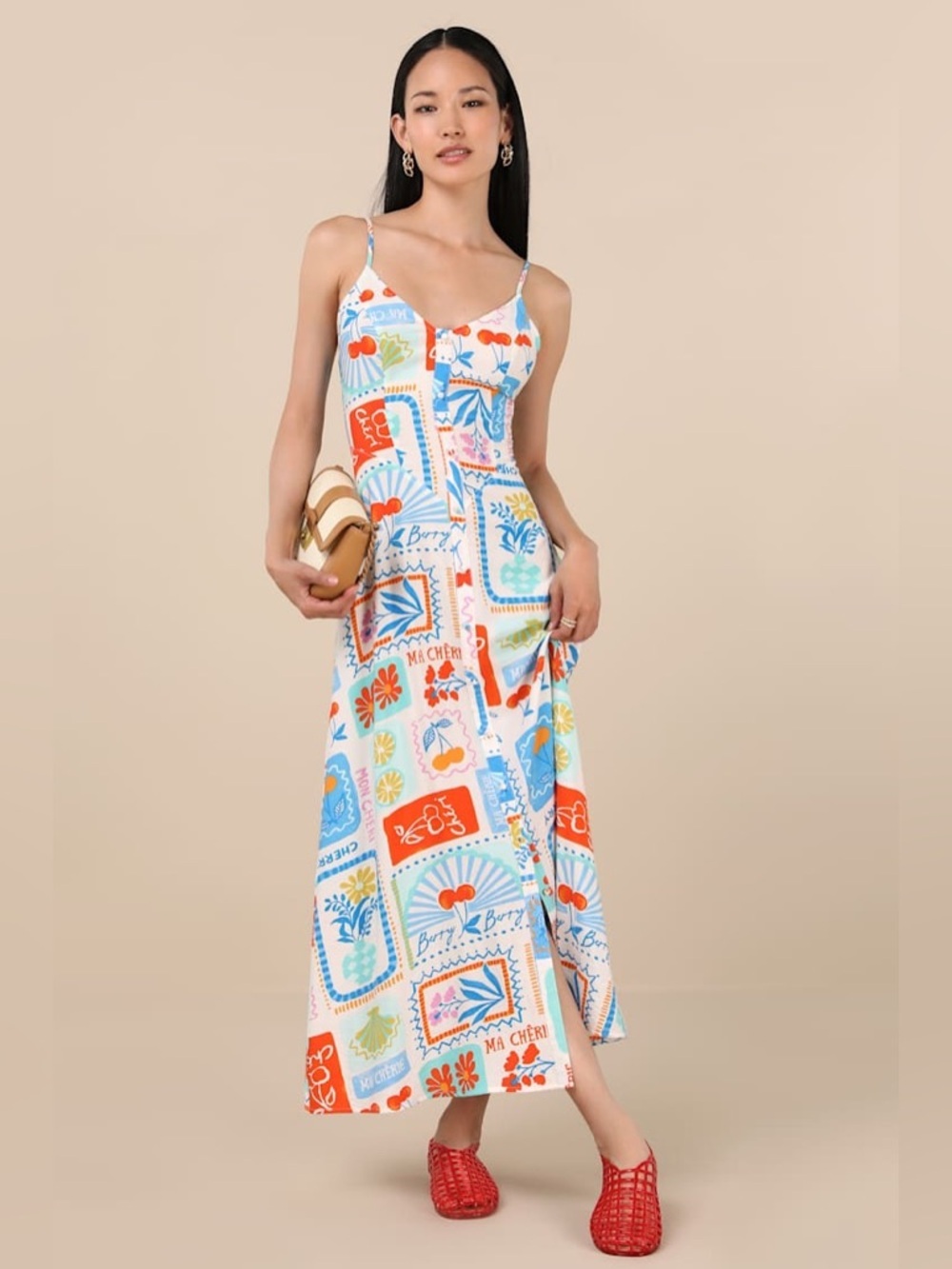 LULU’S Sanya Ivory Multi Print Button-Front Sleeveless Midi Dress - Picture 2 of 6
